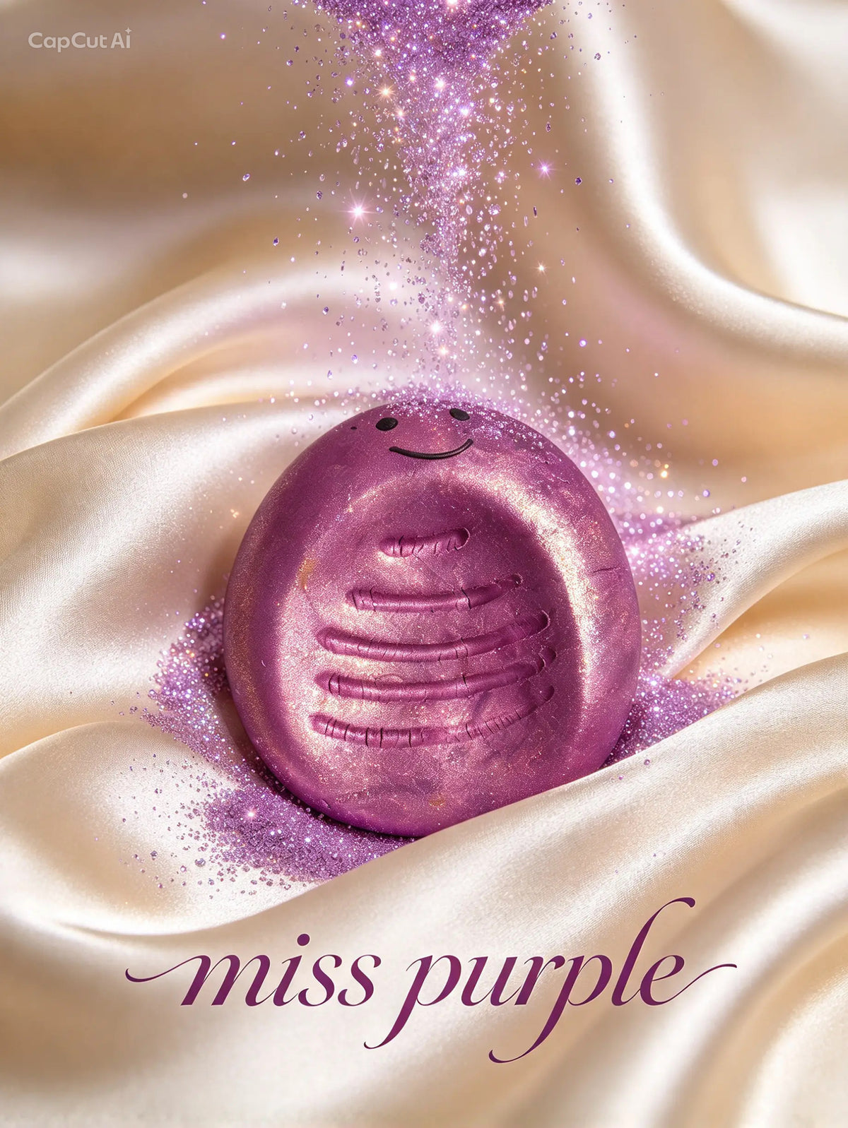 Worry Stones Miss Purple, μωβ φιγούρα με χαμόγελο και σκαλίσματα σε σατέν φόντο.
