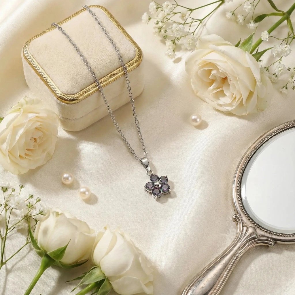 Mystic Bloom Necklace | Πλατίνα Ιριδίζουσα Πέτρα Ατσάλι 316L - Mirva Creations
